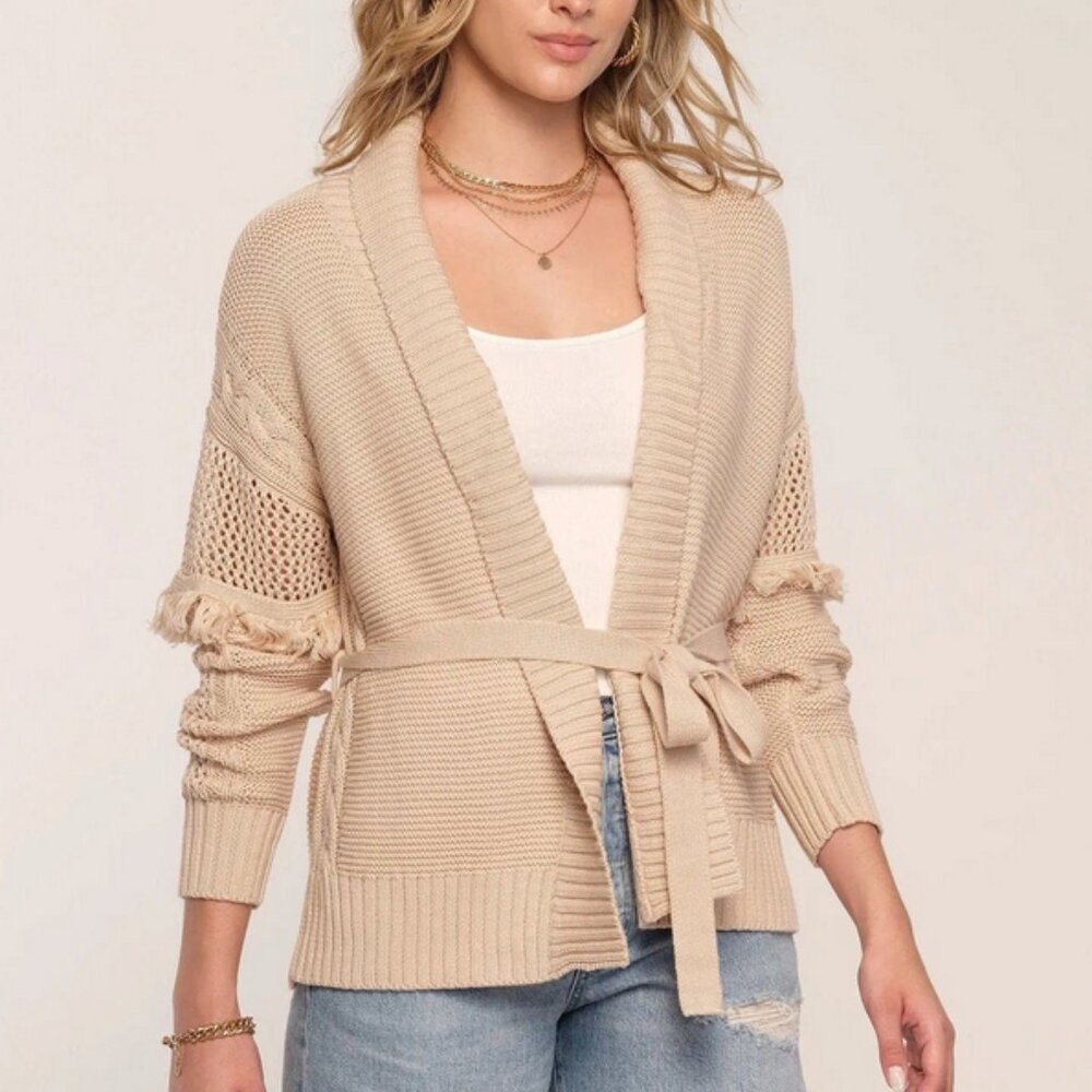 HEARTLOOM Azura Cardigan Sweater Cable Knit Ivory Fringe Long Sleeve Open Front